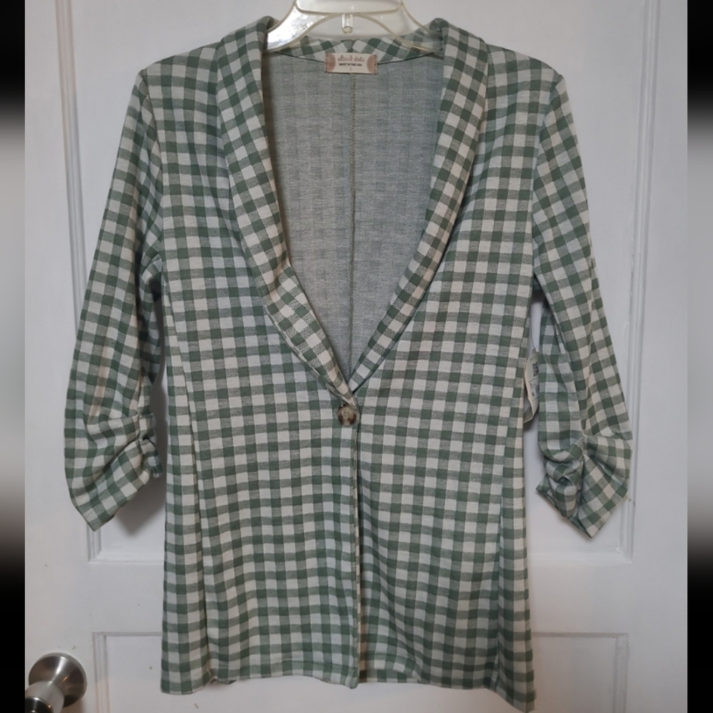 New Soft Altar'd State Sage Green and White Gingham Blazer Cardigan